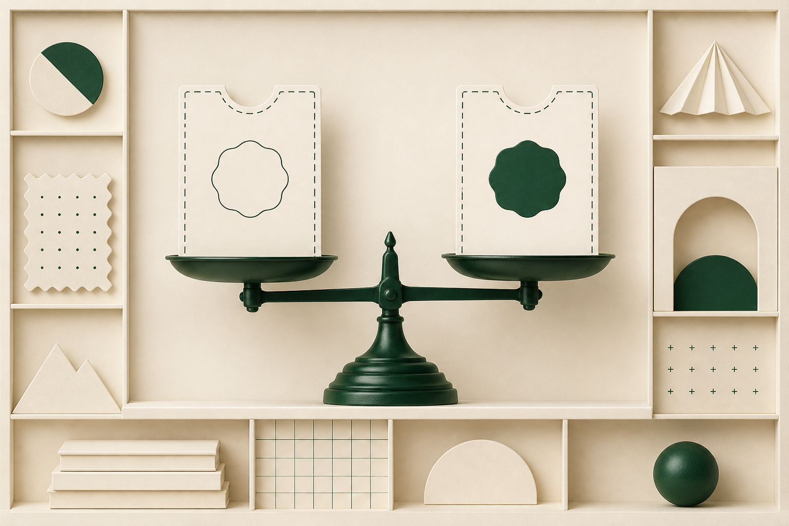 Balance scale with myth and fact cards in cream and racing green