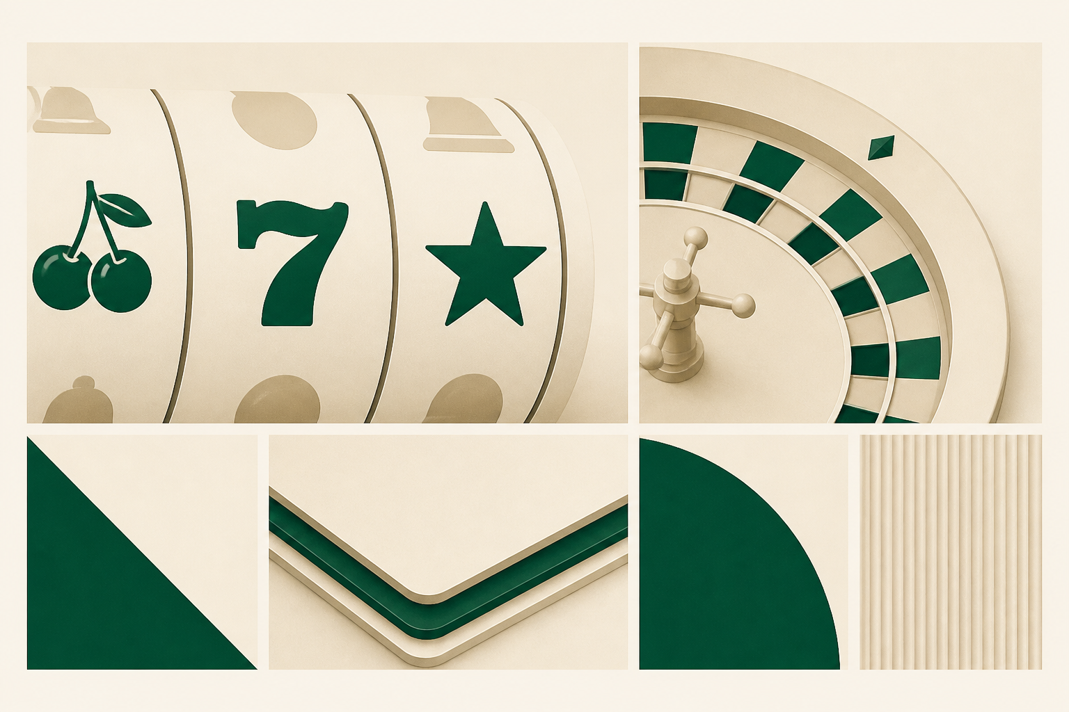 Stylised reels, roulette detail and title cards in a cream and racing-green mosaic